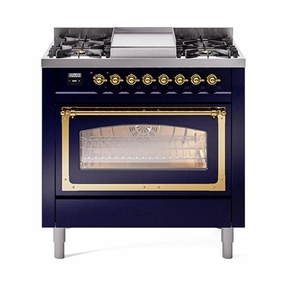 Ilve UN36FNMPMBG Ilve Un36Fnmpmbg Nostalgie Ii Noblesse 36" Dual Fuel Range (Natural Gas, Triple Glass Door, Midnight Blue, Brass) Freestanding Ranges freestanding dual fuel range 30 inch