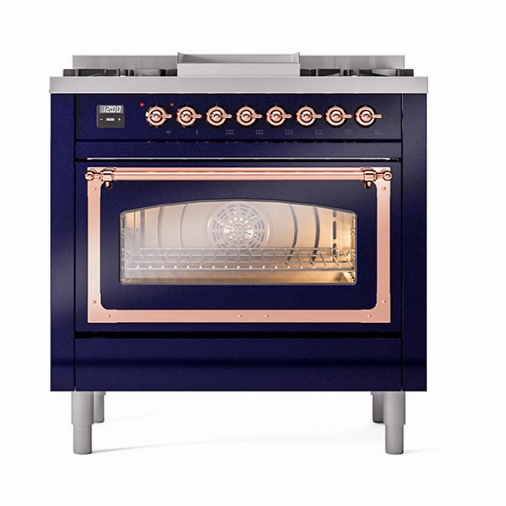 Ilve UN36FNMPMBP Ilve Un36Fnmpmbp Nostalgie Ii Noblesse 36" Dual Fuel Range (Natural Gas, Triple Glass Door, Midnight Blue, Copper)