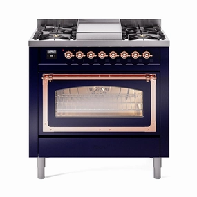 Ilve UN36FNMPMBP Ilve Un36Fnmpmbp Nostalgie Ii Noblesse 36" Dual Fuel Range (Natural Gas, Triple Glass Door, Midnight Blue, Copper) Freestanding Ranges freestanding dual fuel range 30 inch