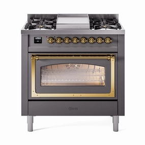 Ilve UN36FNMPMGGLP Ilve Un36Fnmpmgglp Nostalgie Ii Noblesse 36" Dual Fuel Range (Liquid Propane, Triple Glass Door, Graphite Matte, Brass) Freestanding Ranges freestanding dual fuel range 30 inch
