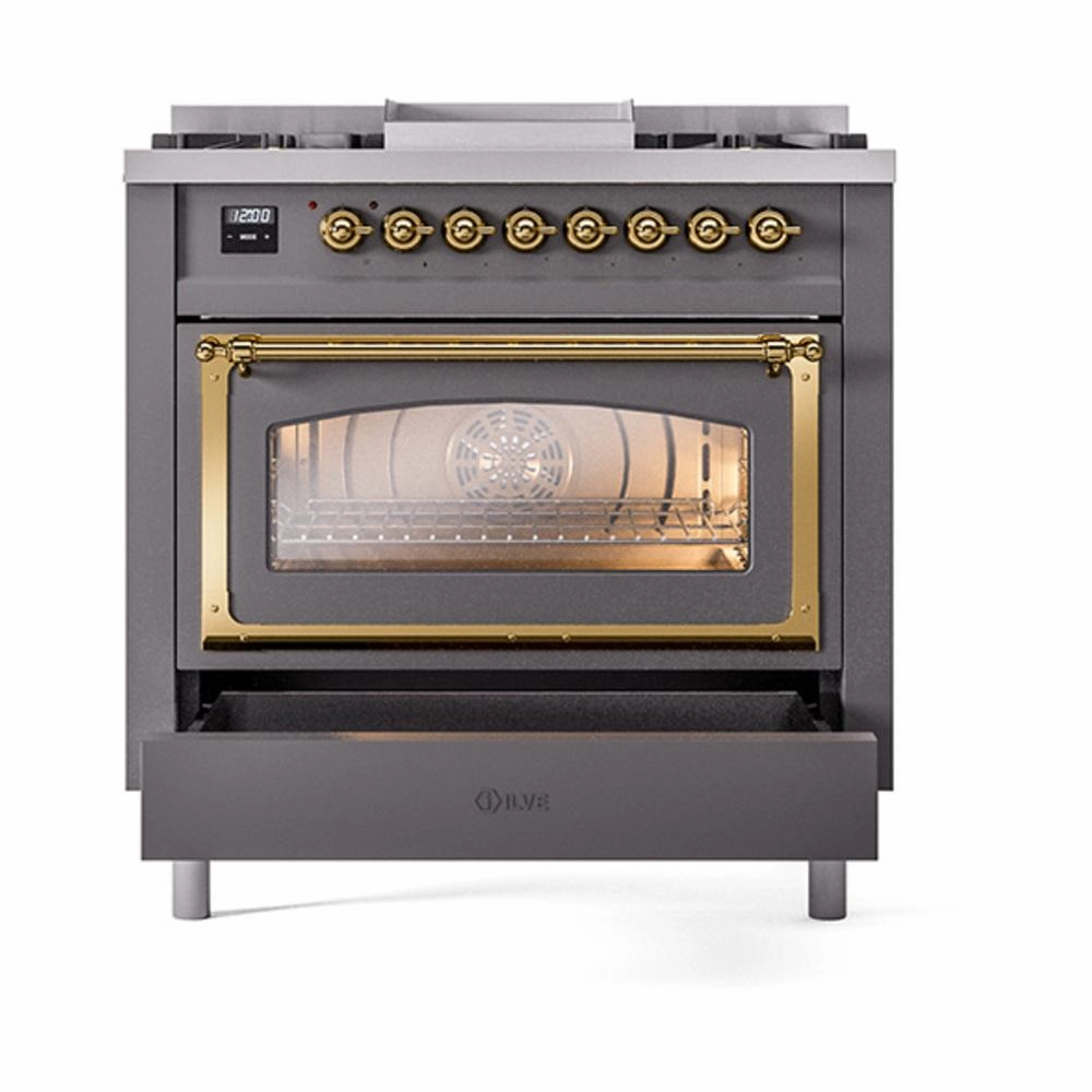 Ilve UN36FNMPMGGLP Ilve Un36Fnmpmgglp Nostalgie Ii Noblesse 36" Dual Fuel Range (Liquid Propane, Triple Glass Door, Graphite Matte, Brass)