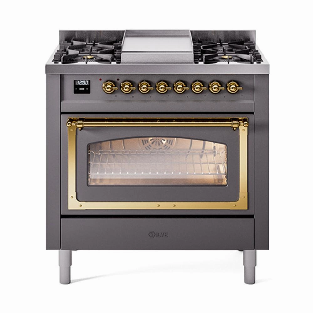 Ilve UN36FNMPMGGLP Ilve Un36Fnmpmgglp Nostalgie Ii Noblesse 36" Dual Fuel Range (Liquid Propane, Triple Glass Door, Graphite Matte, Brass) Freestanding Ranges freestanding dual fuel range 30 inch