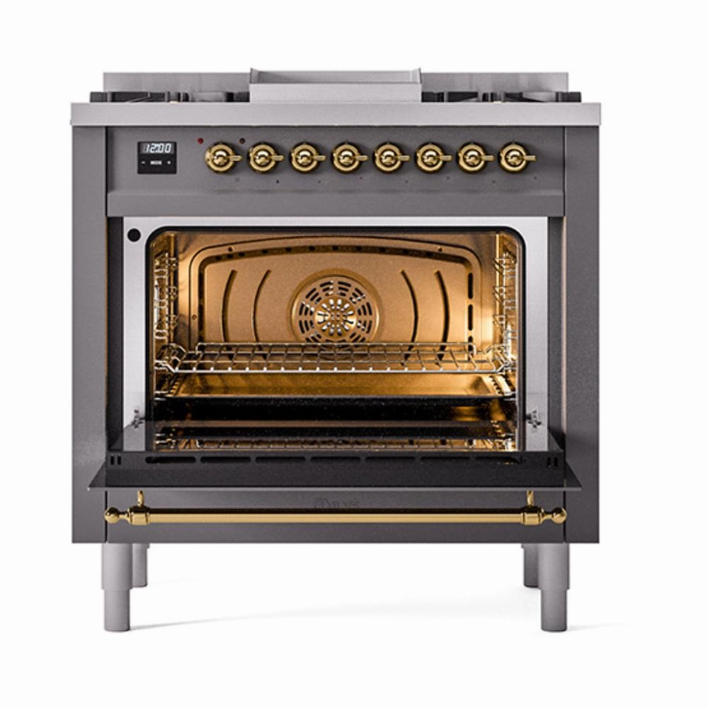 Ilve UN36FNMPMGGLP Ilve Un36Fnmpmgglp Nostalgie Ii Noblesse 36" Dual Fuel Range (Liquid Propane, Triple Glass Door, Graphite Matte, Brass)