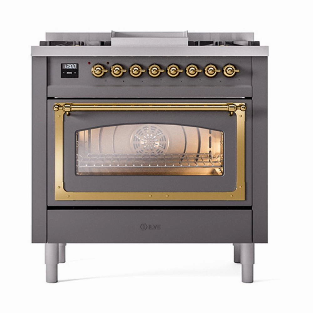 Ilve UN36FNMPMGGLP Ilve Un36Fnmpmgglp Nostalgie Ii Noblesse 36" Dual Fuel Range (Liquid Propane, Triple Glass Door, Graphite Matte, Brass)