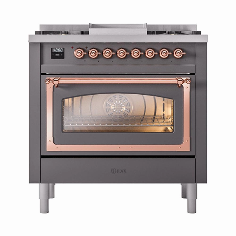 Ilve UN36FNMPMGP Ilve Un36Fnmpmgp Nostalgie Ii Noblesse 36" Dual Fuel Range (Natural Gas, Triple Glass Door, Graphite Matte, Copper)