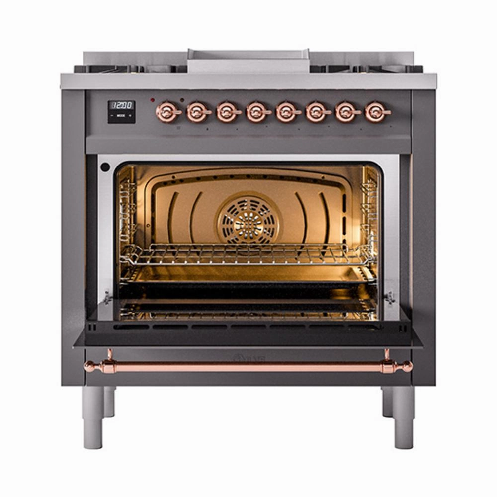 Ilve UN36FNMPMGP Ilve Un36Fnmpmgp Nostalgie Ii Noblesse 36" Dual Fuel Range (Natural Gas, Triple Glass Door, Graphite Matte, Copper)