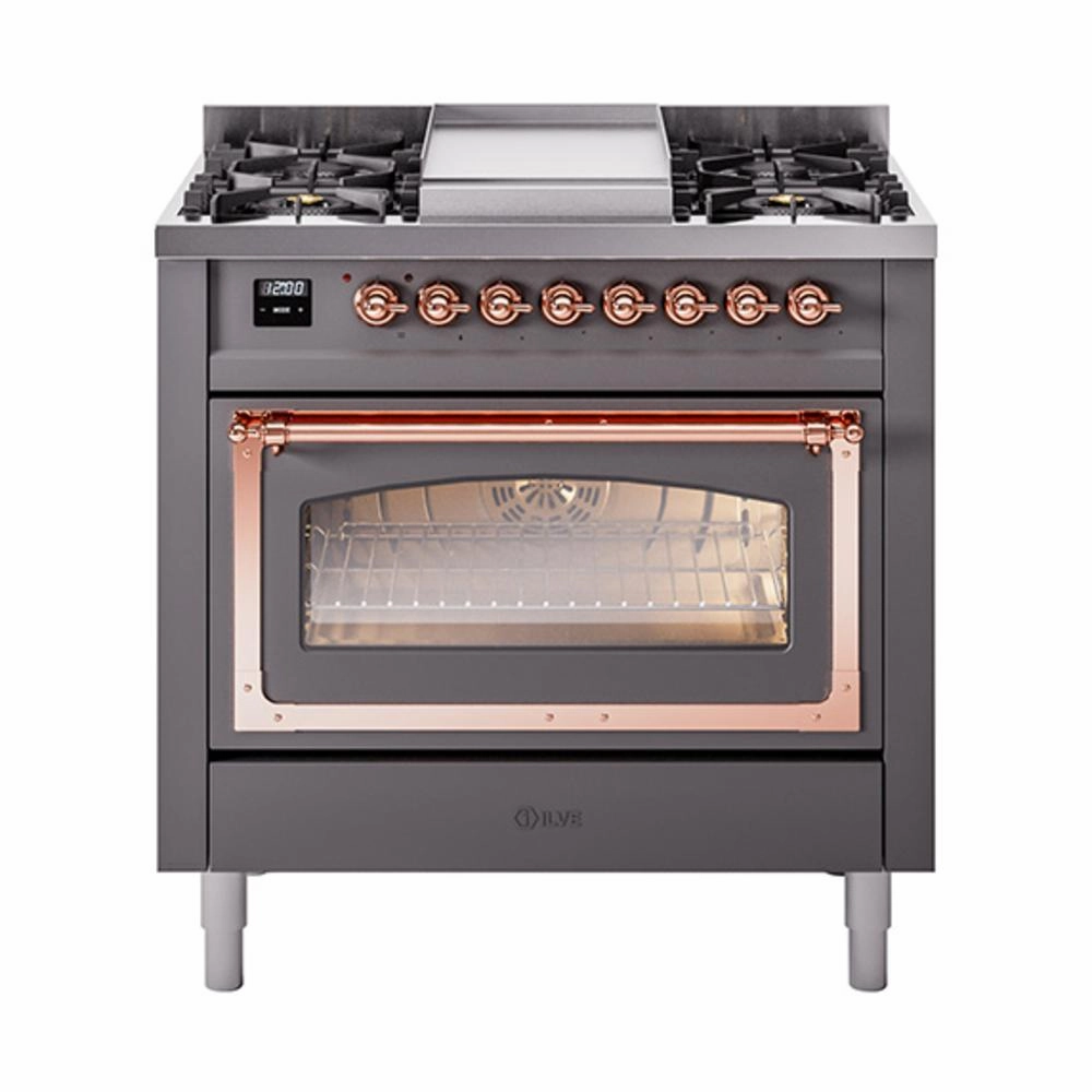 Ilve UN36FNMPMGP Ilve Un36Fnmpmgp Nostalgie Ii Noblesse 36" Dual Fuel Range (Natural Gas, Triple Glass Door, Graphite Matte, Copper) Freestanding Ranges freestanding dual fuel range 30 inch