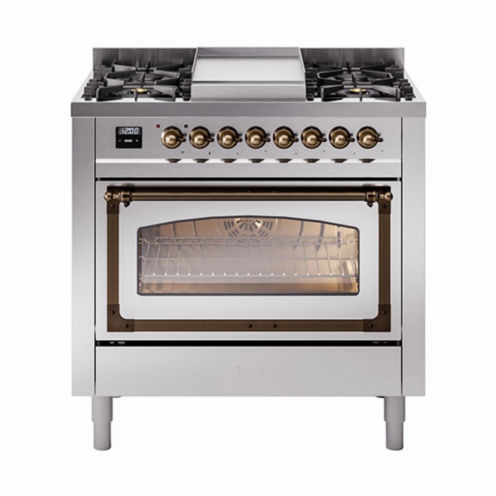 Ilve UN36FNMPSSB Ilve Un36Fnmpssb Nostalgie Ii Noblesse 36" Dual Fuel Range (Natural Gas, Triple Glass Door, Stainless Steel, Burnished) Freestanding Ranges freestanding dual fuel range 30 inch