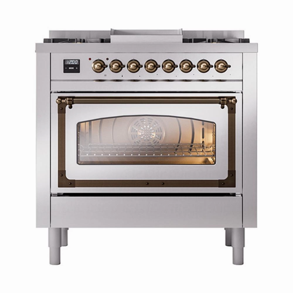 Ilve UN36FNMPSSB Ilve Un36Fnmpssb Nostalgie Ii Noblesse 36" Dual Fuel Range (Natural Gas, Triple Glass Door, Stainless Steel, Burnished)