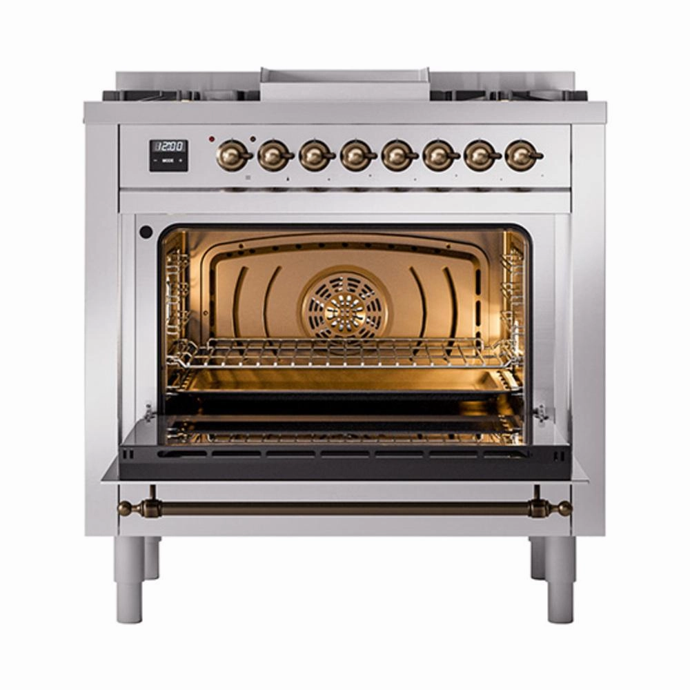 Ilve UN36FNMPSSBLP Ilve Un36Fnmpssblp Nostalgie Ii Noblesse 36" Dual Fuel Range (Liquid Propane, Triple Glass Door, Stainless Steel, Burnished)