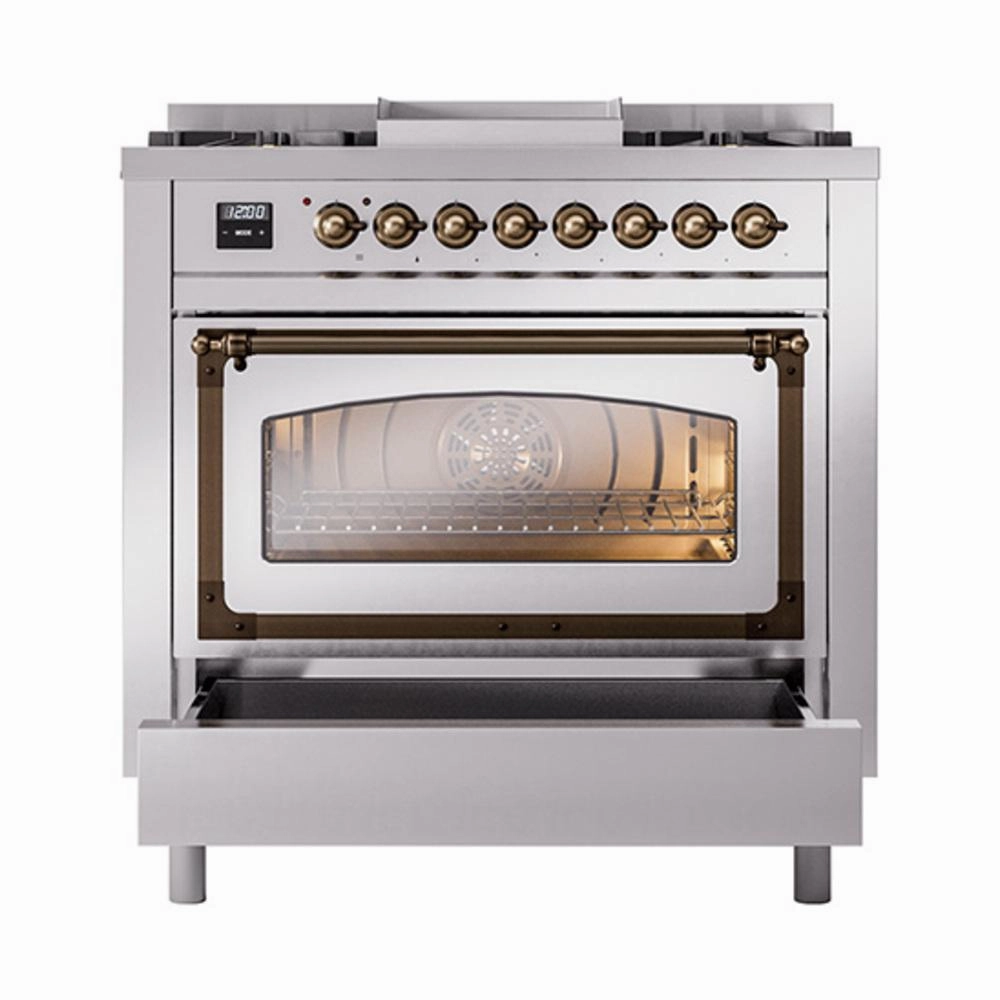 Ilve UN36FNMPSSBLP Ilve Un36Fnmpssblp Nostalgie Ii Noblesse 36" Dual Fuel Range (Liquid Propane, Triple Glass Door, Stainless Steel, Burnished)