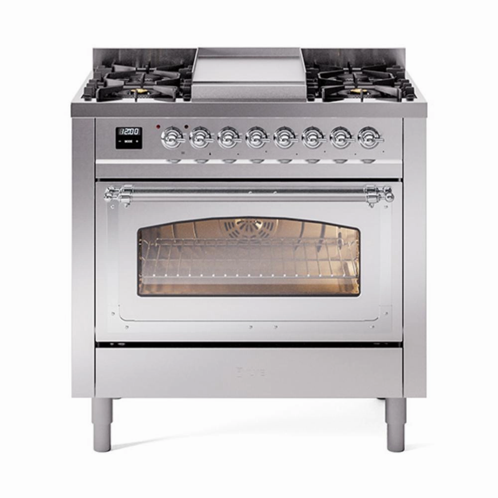 Ilve UN36FNMPSSCLP Ilve Un36Fnmpssclp Nostalgie Ii Noblesse 36" Dual Fuel Range (Liquid Propane, Triple Glass Door, Stainless Steel, Chrome) Freestanding Ranges freestanding dual fuel range 30 inch