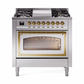 Ilve UN36FNMPSSGLP Ilve Un36Fnmpssglp Nostalgie Ii Noblesse 36" Dual Fuel Range (Liquid Propane, Triple Glass Door, Stainless Steel, Brass) Freestanding Ranges freestanding dual fuel range 30 inch