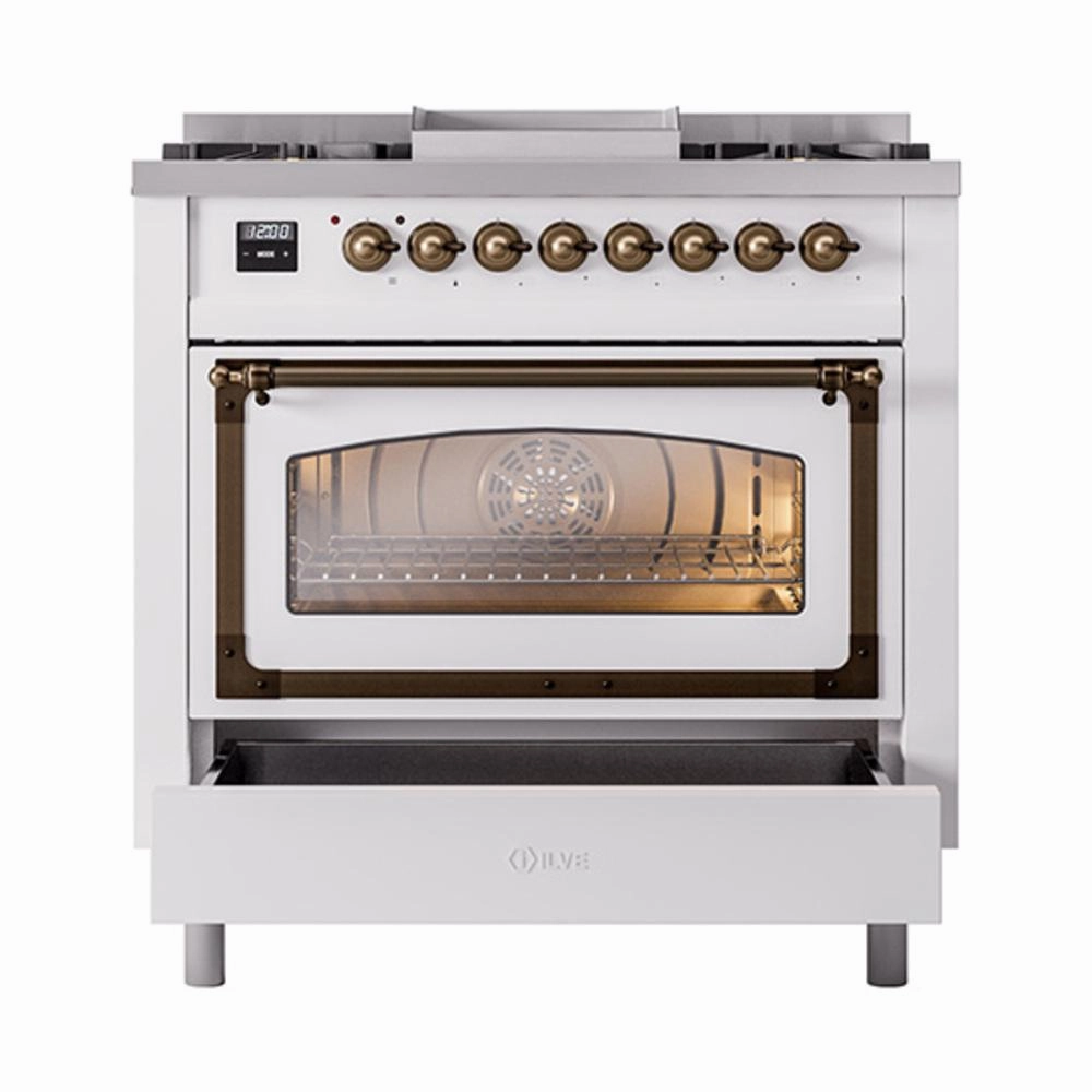 Ilve UN36FNMPWHBLP Ilve Un36Fnmpwhblp Nostalgie Ii Noblesse 36" Dual Fuel Range (Liquid Propane, Triple Glass Door, White, Burnished)