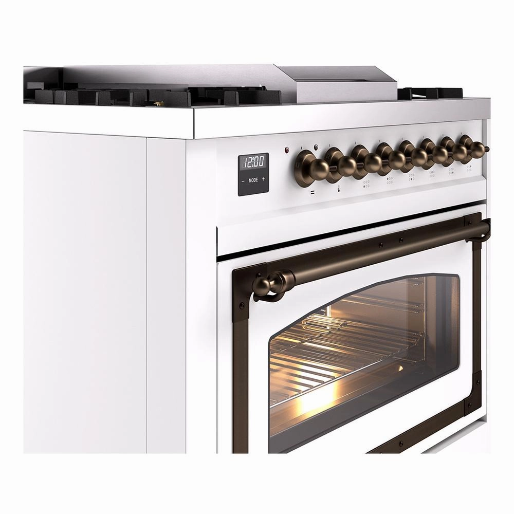 Ilve UN36FNMPWHBLP Ilve Un36Fnmpwhblp Nostalgie Ii Noblesse 36" Dual Fuel Range (Liquid Propane, Triple Glass Door, White, Burnished)