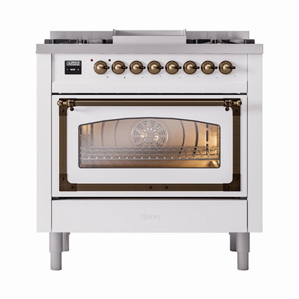 Ilve UN36FNMPWHBLP Ilve Un36Fnmpwhblp Nostalgie Ii Noblesse 36" Dual Fuel Range (Liquid Propane, Triple Glass Door, White, Burnished)