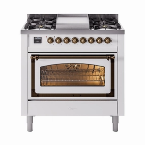 Ilve UN36FNMPWHBLP Ilve Un36Fnmpwhblp Nostalgie Ii Noblesse 36" Dual Fuel Range (Liquid Propane, Triple Glass Door, White, Burnished) Freestanding Ranges freestanding dual fuel range 30 inch