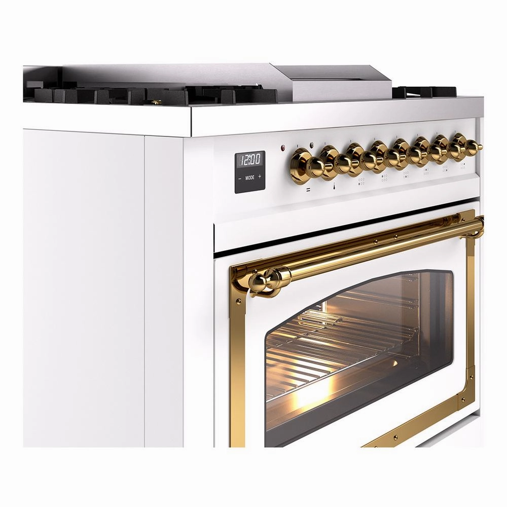 Ilve UN36FNMPWHGLP Ilve Un36Fnmpwhglp Nostalgie Ii Noblesse 36" Dual Fuel Range (Liquid Propane, Triple Glass Door, White, Brass)