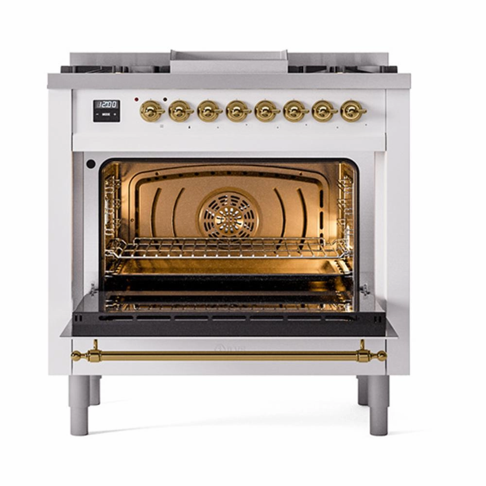 Ilve UN36FNMPWHGLP Ilve Un36Fnmpwhglp Nostalgie Ii Noblesse 36" Dual Fuel Range (Liquid Propane, Triple Glass Door, White, Brass)