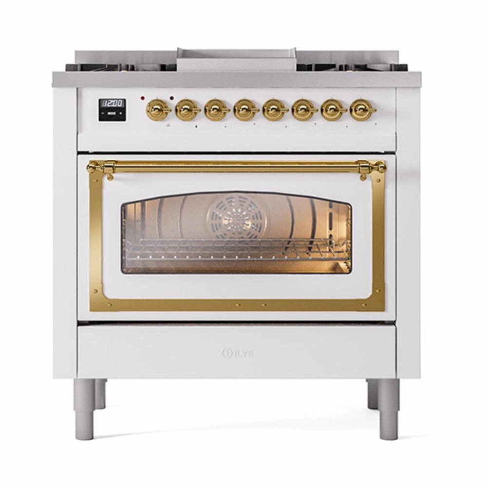 Ilve UN36FNMPWHGLP Ilve Un36Fnmpwhglp Nostalgie Ii Noblesse 36" Dual Fuel Range (Liquid Propane, Triple Glass Door, White, Brass)