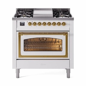 Ilve UN36FNMPWHGLP Ilve Un36Fnmpwhglp Nostalgie Ii Noblesse 36" Dual Fuel Range (Liquid Propane, Triple Glass Door, White, Brass) Freestanding Ranges freestanding dual fuel range 30 inch