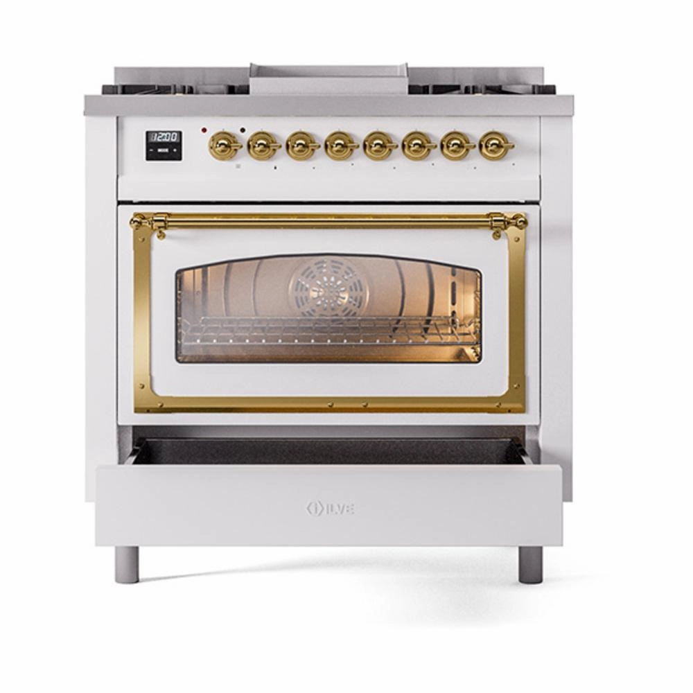 Ilve UN36FNMPWHGLP Ilve Un36Fnmpwhglp Nostalgie Ii Noblesse 36" Dual Fuel Range (Liquid Propane, Triple Glass Door, White, Brass)