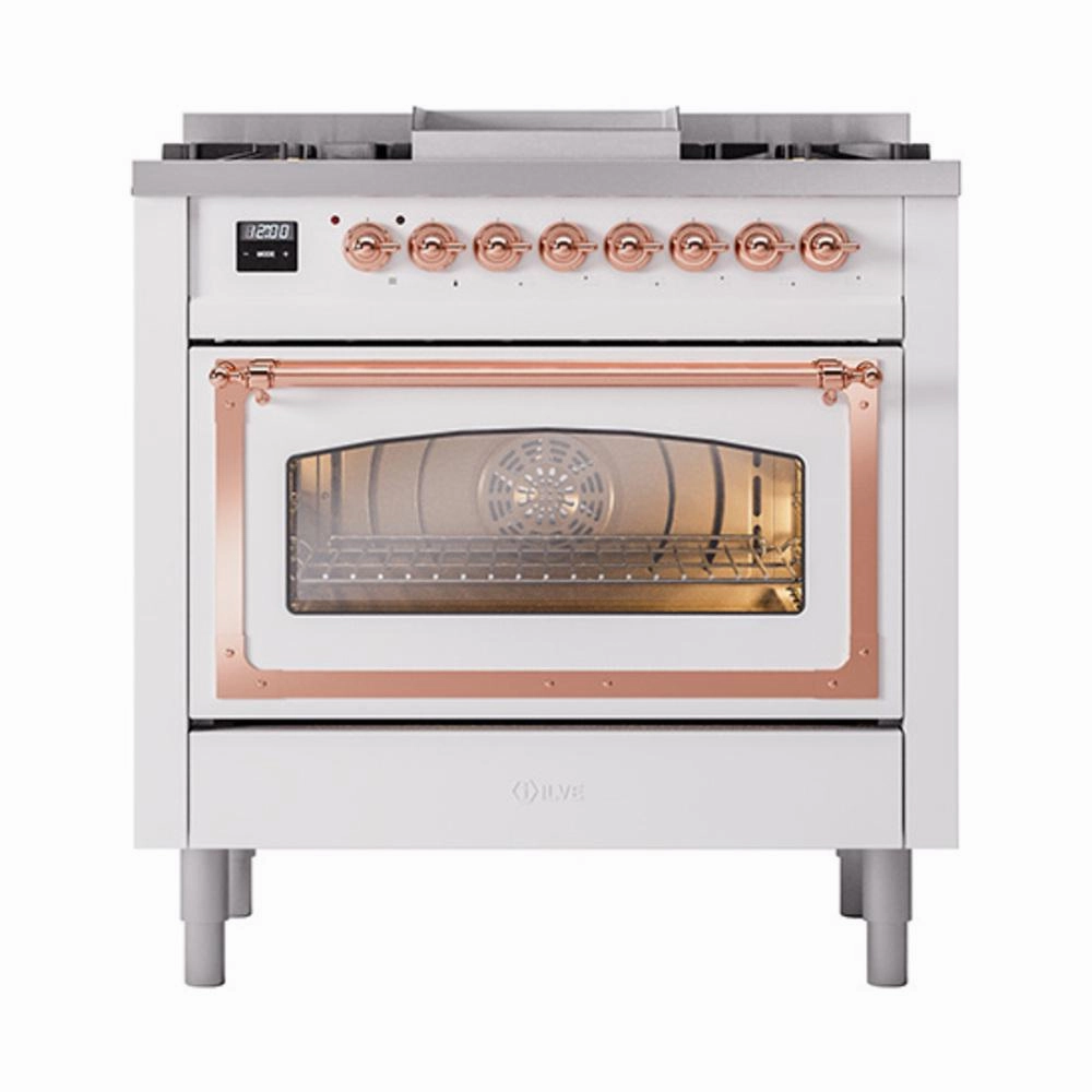 Ilve UN36FNMPWHPLP Ilve Un36Fnmpwhplp Nostalgie Ii Noblesse 36" Dual Fuel Range (Liquid Propane, Triple Glass Door, White, Copper)