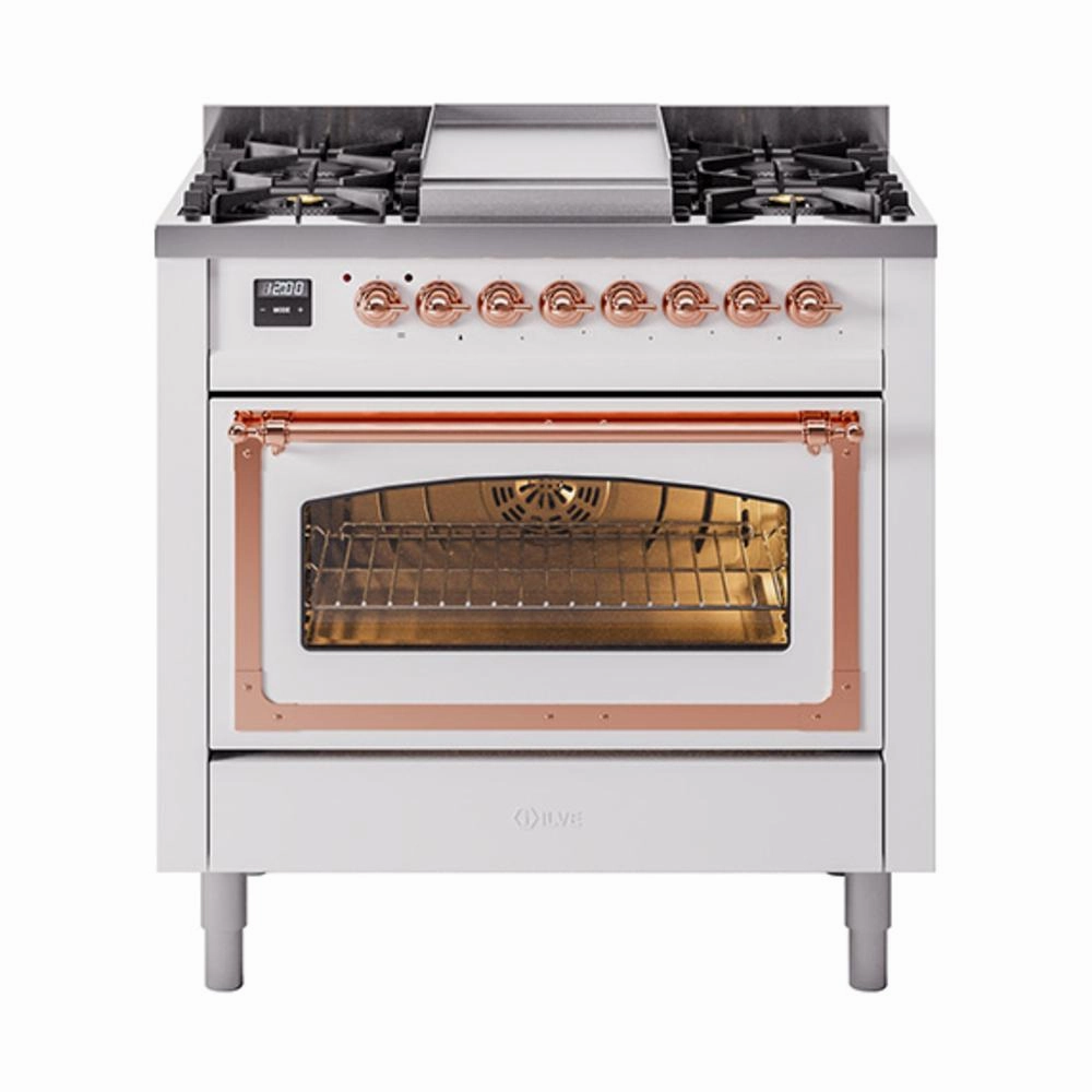 Ilve UN36FNMPWHPLP Ilve Un36Fnmpwhplp Nostalgie Ii Noblesse 36" Dual Fuel Range (Liquid Propane, Triple Glass Door, White, Copper) Freestanding Ranges freestanding dual fuel range 30 inch