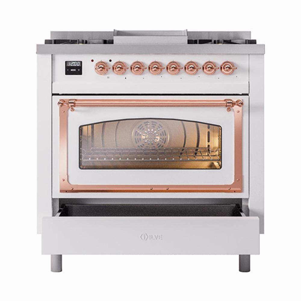 Ilve UN36FNMPWHPLP Ilve Un36Fnmpwhplp Nostalgie Ii Noblesse 36" Dual Fuel Range (Liquid Propane, Triple Glass Door, White, Copper)
