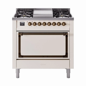 Ilve UN36FQNMPAWB Ilve Un36Fqnmpawb Nostalgie Ii Noblesse 36" Dual Fuel Range (Natural Gas, Solid Door, Antique White, Burnished) Freestanding Ranges freestanding dual fuel range 30 inch
