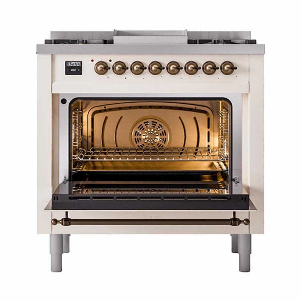 Ilve UN36FQNMPAWB Ilve Un36Fqnmpawb Nostalgie Ii Noblesse 36" Dual Fuel Range (Natural Gas, Solid Door, Antique White, Burnished)