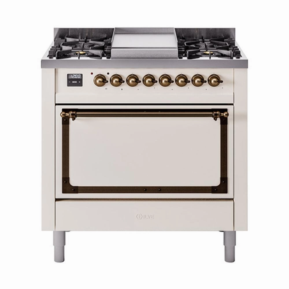 Ilve UN36FQNMPAWB Ilve Un36Fqnmpawb Nostalgie Ii Noblesse 36" Dual Fuel Range (Natural Gas, Solid Door, Antique White, Burnished) Freestanding Ranges freestanding dual fuel range 30 inch