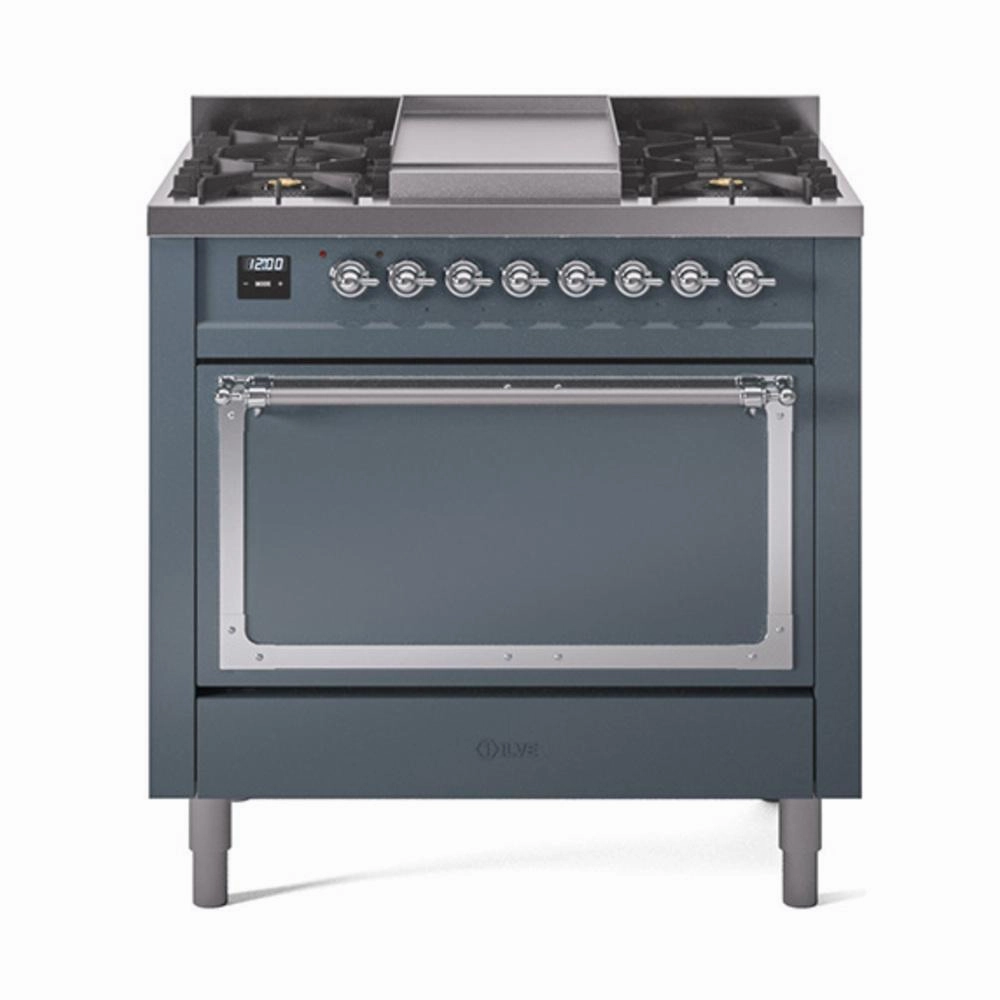 Ilve UN36FQNMPBGC Ilve Un36Fqnmpbgc Nostalgie Ii Noblesse 36" Dual Fuel Range (Natural Gas, Solid Door, Blue Grey, Chrome) Freestanding Ranges freestanding dual fuel range 30 inch