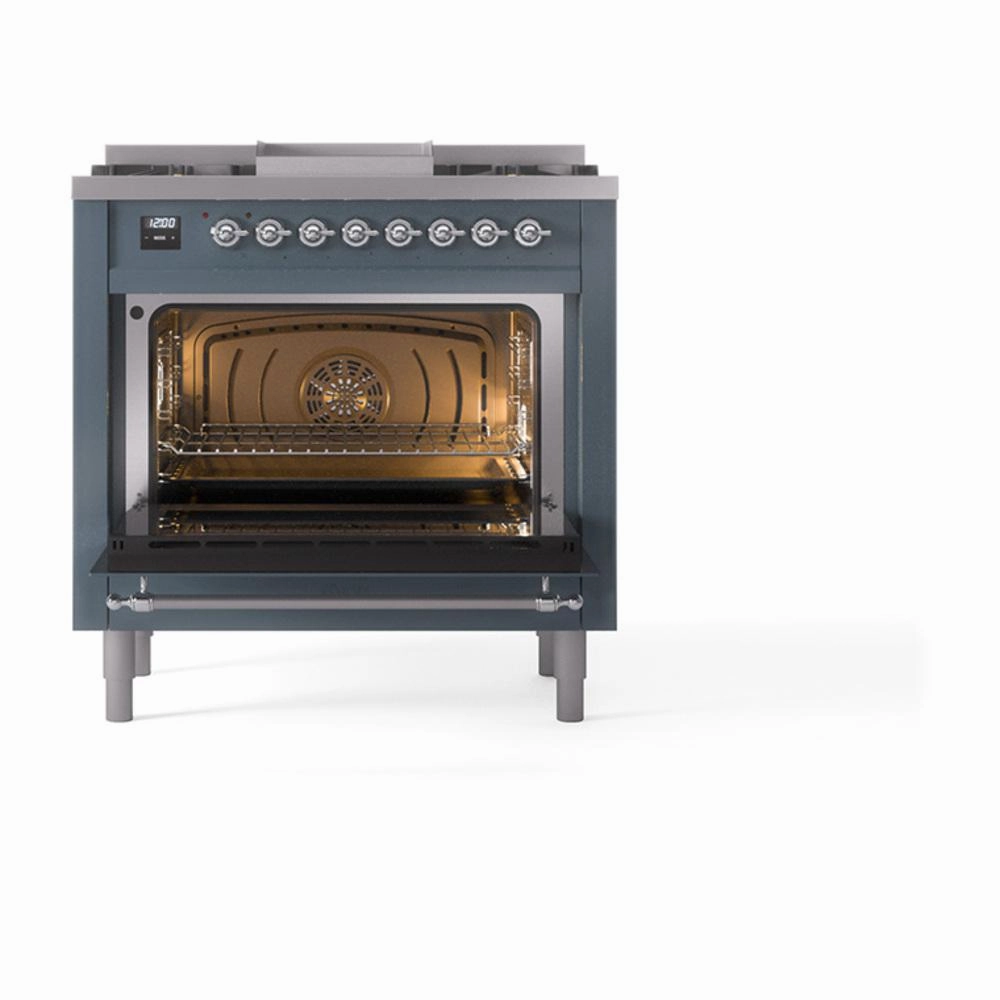 Ilve UN36FQNMPBGC Ilve Un36Fqnmpbgc Nostalgie Ii Noblesse 36" Dual Fuel Range (Natural Gas, Solid Door, Blue Grey, Chrome)