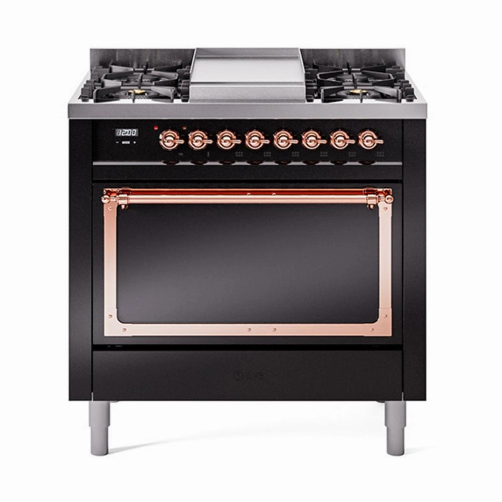 Ilve UN36FQNMPBKP Ilve Un36Fqnmpbkp Nostalgie Ii Noblesse 36" Dual Fuel Range (Natural Gas, Solid Door, Glossy Black, Copper) Freestanding Ranges freestanding dual fuel range 30 inch