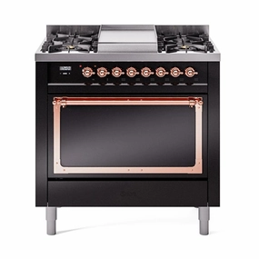 Ilve UN36FQNMPBKP Ilve Un36Fqnmpbkp Nostalgie Ii Noblesse 36" Dual Fuel Range (Natural Gas, Solid Door, Glossy Black, Copper) Freestanding Ranges freestanding dual fuel range 30 inch