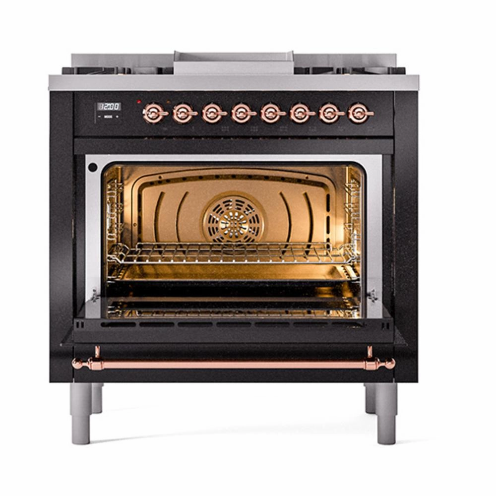 Ilve UN36FQNMPBKP Ilve Un36Fqnmpbkp Nostalgie Ii Noblesse 36" Dual Fuel Range (Natural Gas, Solid Door, Glossy Black, Copper)