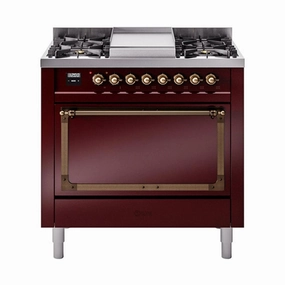 Ilve UN36FQNMPBUB Ilve Un36Fqnmpbub Nostalgie Ii Noblesse 36" Dual Fuel Range (Natural Gas, Solid Door, Burgundy, Burnished) Freestanding Ranges freestanding dual fuel range 30 inch