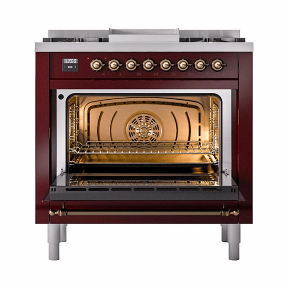 Ilve UN36FQNMPBUB Ilve Un36Fqnmpbub Nostalgie Ii Noblesse 36" Dual Fuel Range (Natural Gas, Solid Door, Burgundy, Burnished)