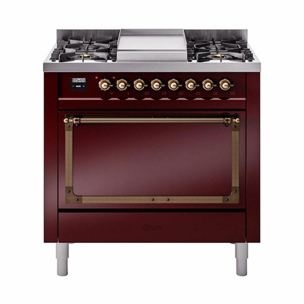 Ilve UN36FQNMPBUB Ilve Un36Fqnmpbub Nostalgie Ii Noblesse 36" Dual Fuel Range (Natural Gas, Solid Door, Burgundy, Burnished) Freestanding Ranges freestanding dual fuel range 30 inch