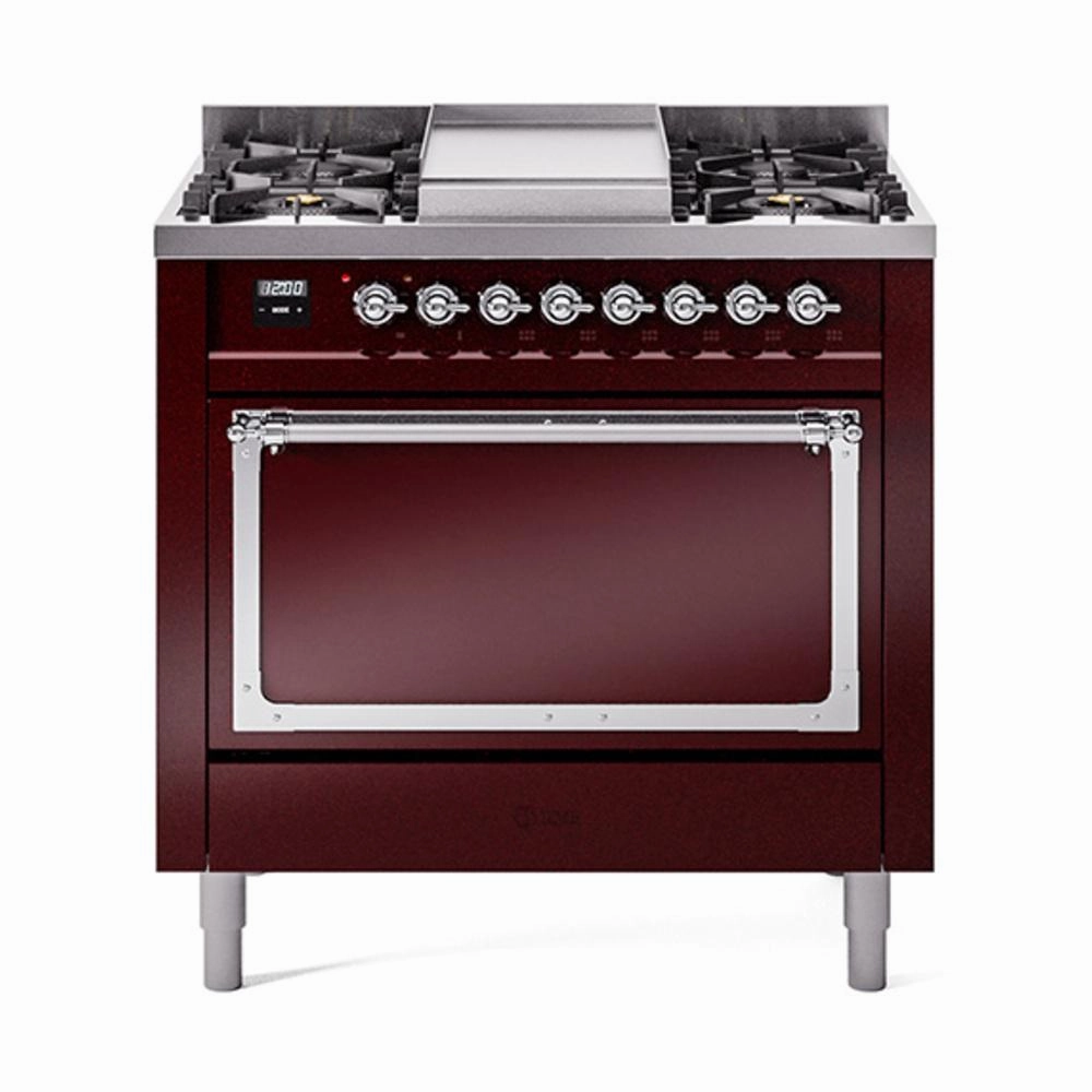 Ilve UN36FQNMPBUCLP Ilve Un36Fqnmpbuclp Nostalgie Ii Noblesse 36" Dual Fuel Range (Liquid Propane, Solid Door, Burgundy, Chrome) Freestanding Ranges freestanding dual fuel range 30 inch