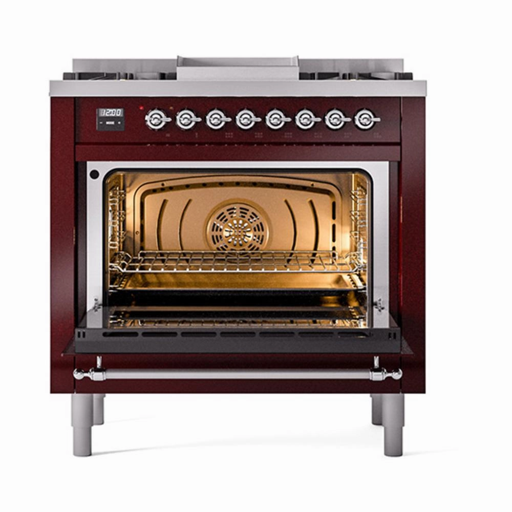 Ilve UN36FQNMPBUCLP Ilve Un36Fqnmpbuclp Nostalgie Ii Noblesse 36" Dual Fuel Range (Liquid Propane, Solid Door, Burgundy, Chrome)
