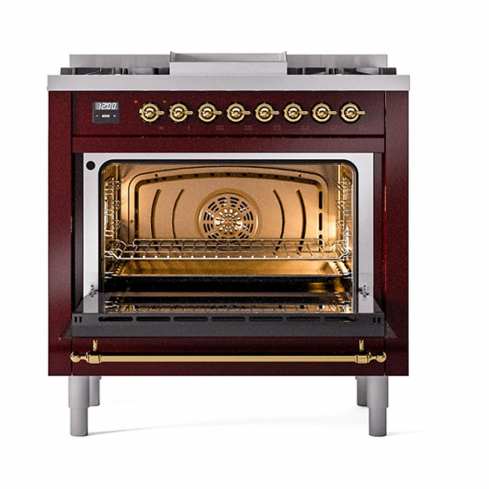 Ilve UN36FQNMPBUG Ilve Un36Fqnmpbug Nostalgie Ii Noblesse 36" Dual Fuel Range (Natural Gas, Solid Door, Burgundy, Brass)