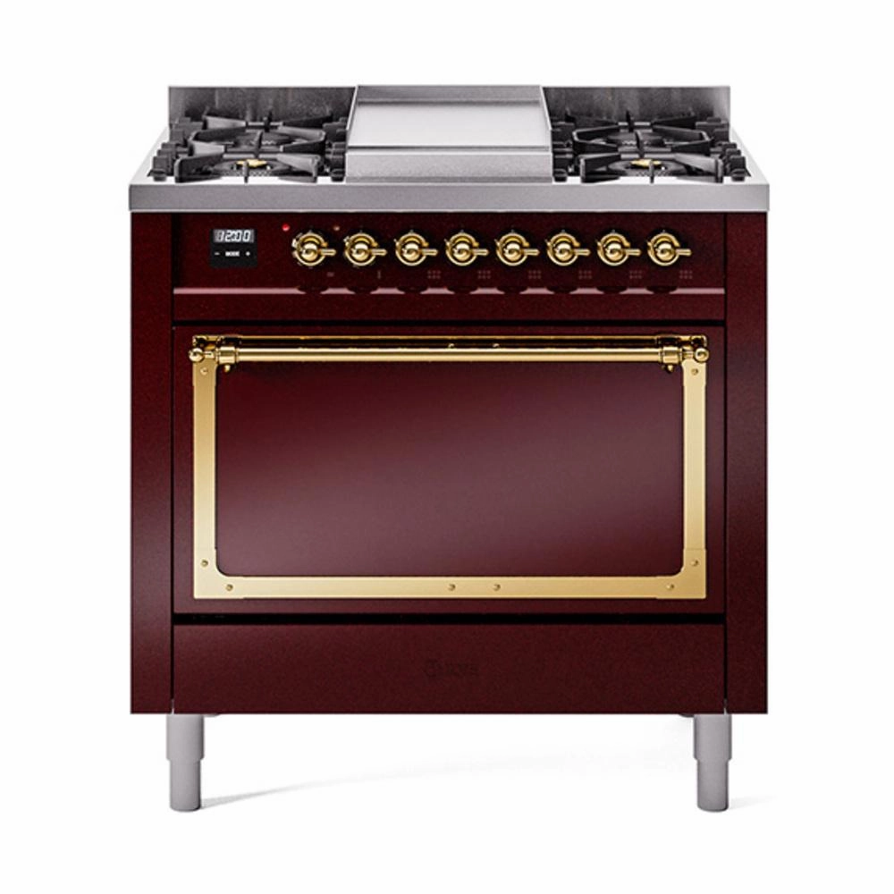 Ilve UN36FQNMPBUG Ilve Un36Fqnmpbug Nostalgie Ii Noblesse 36" Dual Fuel Range (Natural Gas, Solid Door, Burgundy, Brass) Freestanding Ranges freestanding dual fuel range 30 inch