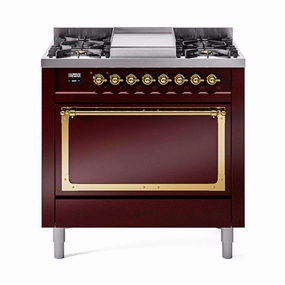Ilve UN36FQNMPBUG Ilve Un36Fqnmpbug Nostalgie Ii Noblesse 36" Dual Fuel Range (Natural Gas, Solid Door, Burgundy, Brass) Freestanding Ranges freestanding dual fuel range 30 inch