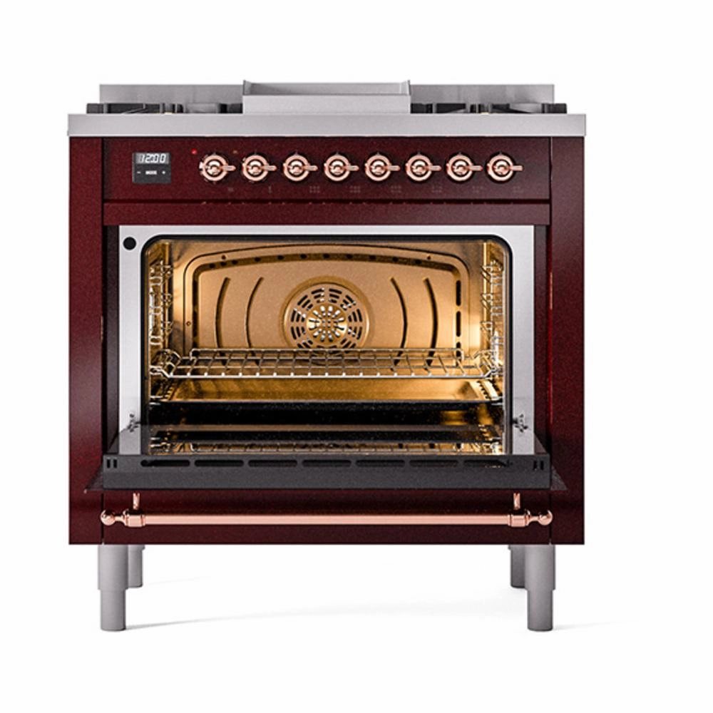 Ilve UN36FQNMPBUPLP Ilve Un36Fqnmpbuplp Nostalgie Ii Noblesse 36" Dual Fuel Range (Liquid Propane, Solid Door, Burgundy, Copper)