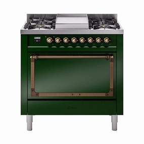 Ilve UN36FQNMPEGB Ilve Un36Fqnmpegb Nostalgie Ii Noblesse 36" Dual Fuel Range (Natural Gas, Solid Door, Emerald Green, Burnished) Freestanding Ranges freestanding dual fuel range 30 inch