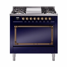 Ilve UN36FQNMPMBB Ilve Un36Fqnmpmbb Nostalgie Ii Noblesse 36" Dual Fuel Range (Natural Gas, Solid Door, Midnight Blue, Burnished) Freestanding Ranges freestanding dual fuel range 30 inch