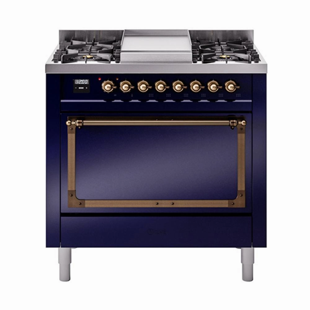 Ilve UN36FQNMPMBB Ilve Un36Fqnmpmbb Nostalgie Ii Noblesse 36" Dual Fuel Range (Natural Gas, Solid Door, Midnight Blue, Burnished) Freestanding Ranges freestanding dual fuel range 30 inch