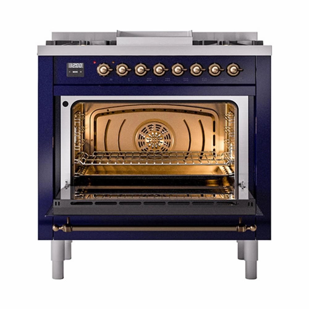 Ilve UN36FQNMPMBB Ilve Un36Fqnmpmbb Nostalgie Ii Noblesse 36" Dual Fuel Range (Natural Gas, Solid Door, Midnight Blue, Burnished)